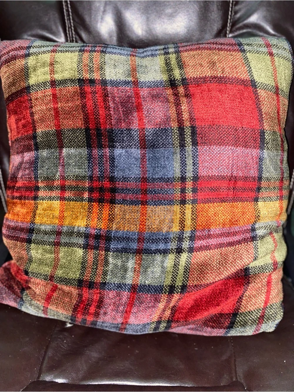 Autumnal Plaid Chenille Accent Pillow - Cozy Fall Decor